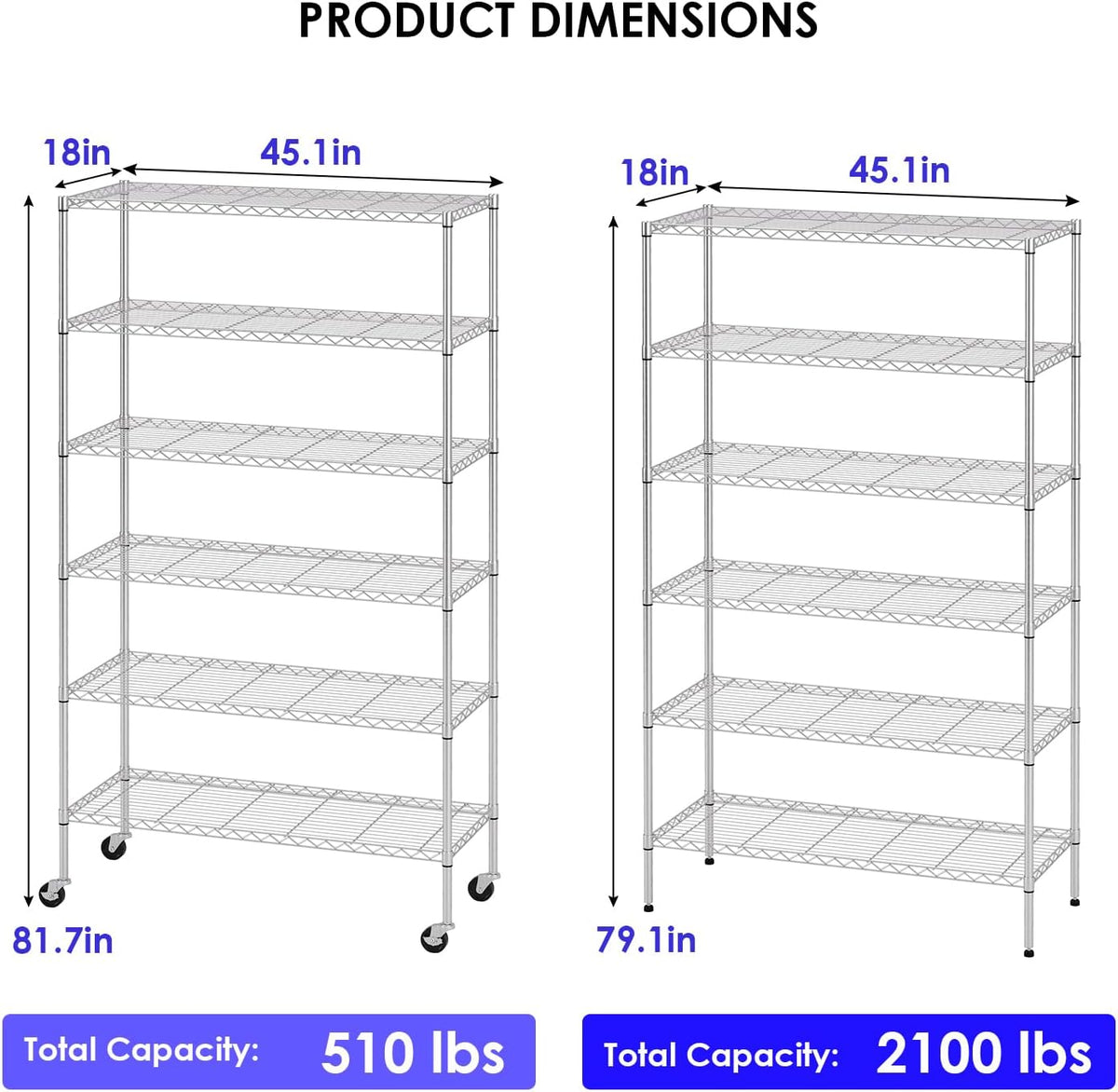 FDW | 6-Tier Wire Shelf with Wheels | 45" x 18" x 82" | Chrome