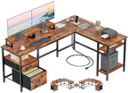 Furologee 66'' L Shaped Desk with Power Outlet and 2 Drawers, Rustic Brown