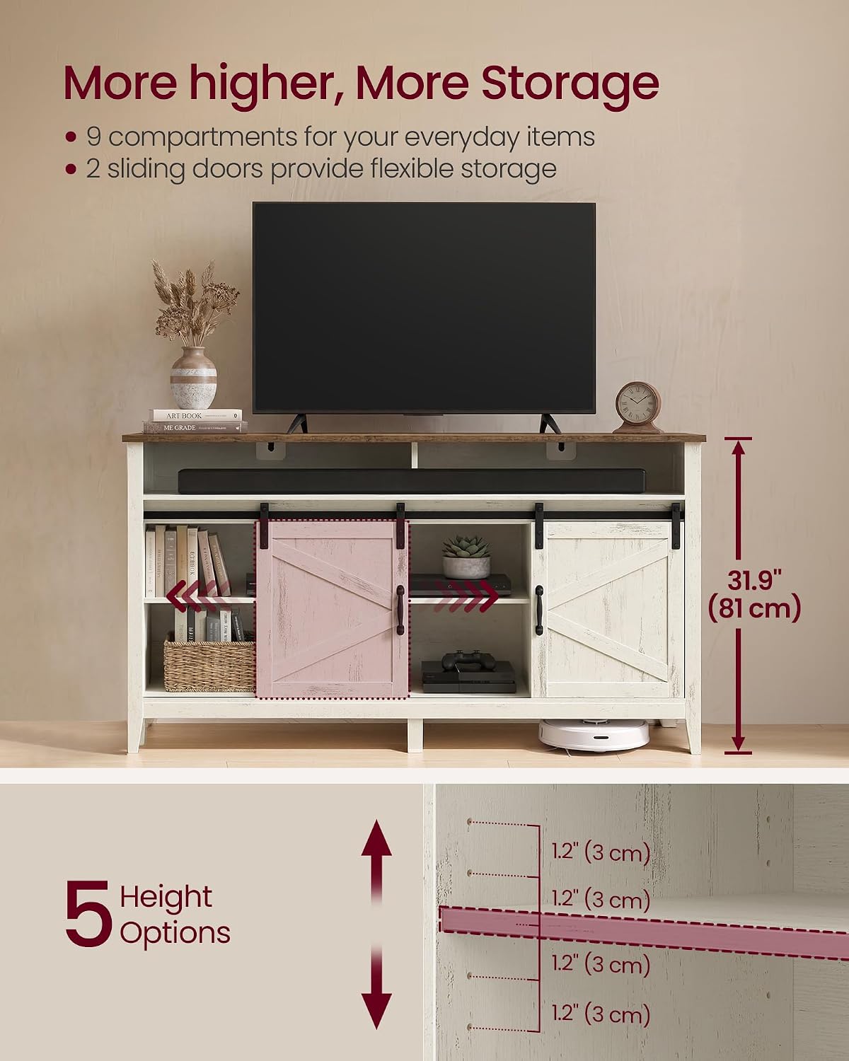 VASAGLE Tall Farmhouse TV Stand, Entertainment Center with Door for 65'' TV