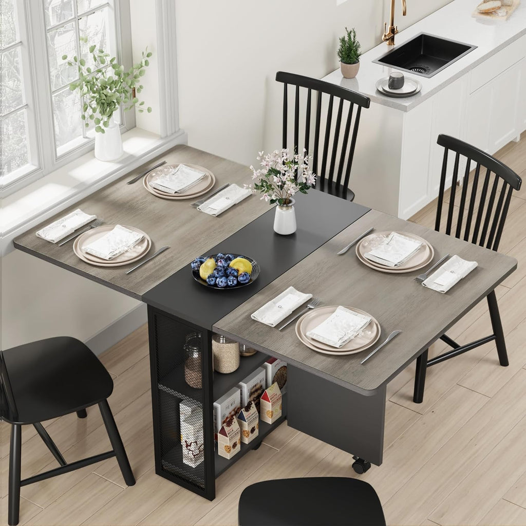 IDEALHOUSE FoldingTable, Drop Leaf Dining Table with 6 Wheels and 2-Layer Storage Shelf, Space Saving Table for Small Spaces (Natural Wood, 50.1" D x 31.4" W x 29.5" H)