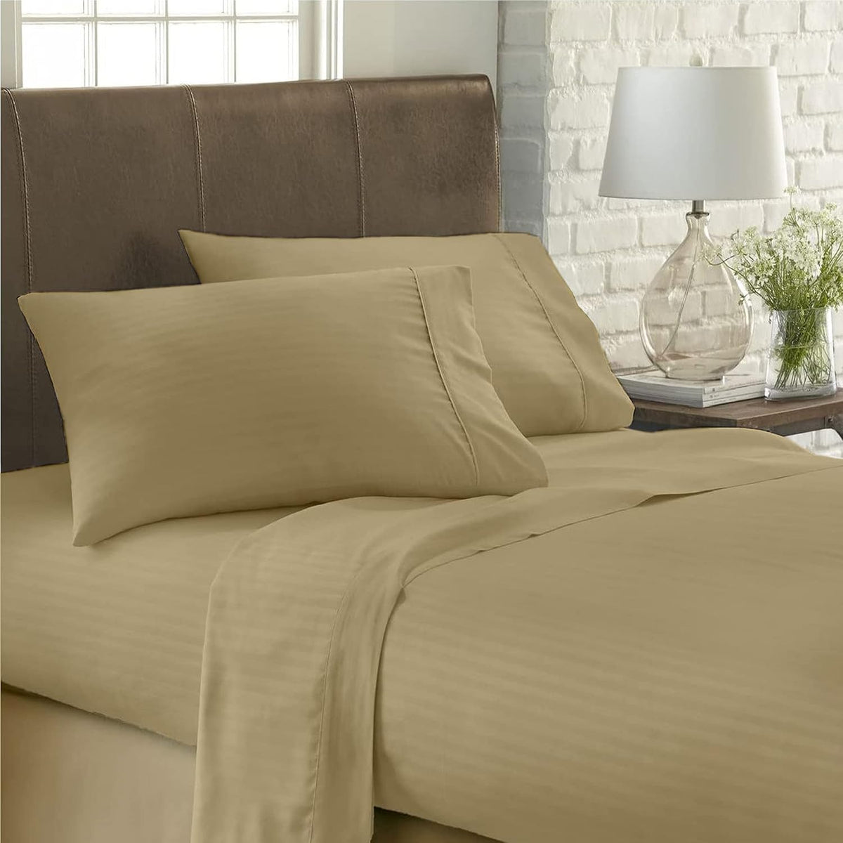 USA Full Sheet Set in Taupe Stripe 400 Thread-Count 100% Egyptian Long Staple Cotton, Sateen Weave for Soft and Silky Feel, Breathable 4-Piece Bedsheet, Elasticized 24'' Extra Deep Pocket