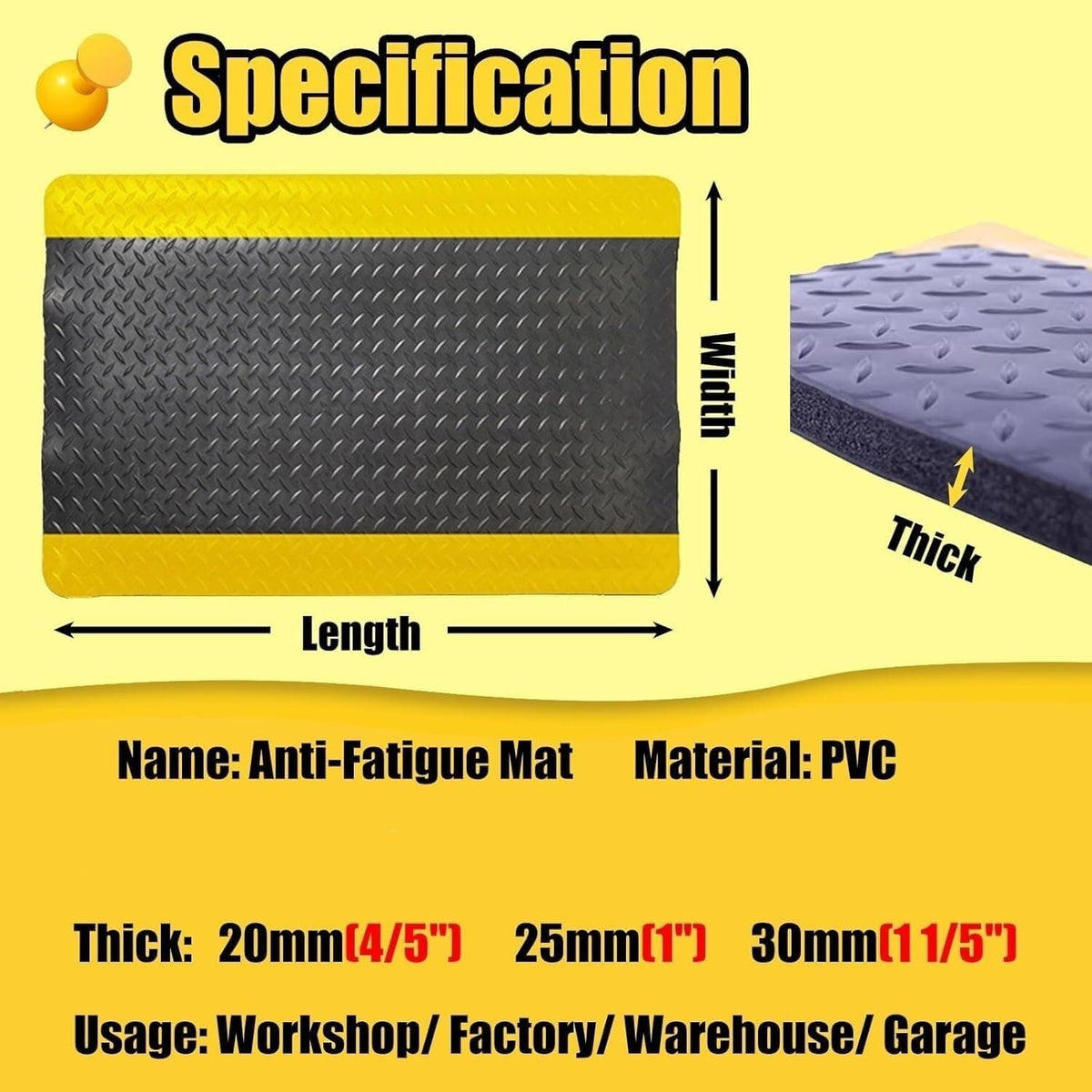 1PC Ergonomic Antistatic Anti-Fatigue Mats for Industrial & Home Use - Stress Relief Standing Mat with Yellow Border(2cmx50x180cm)