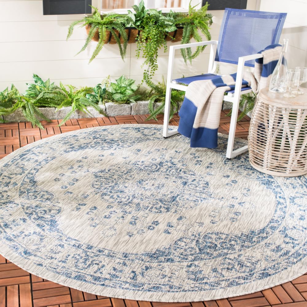 SAFAVIEH Washable Rug Outdoor Courtyard Collection - 6'7" Square, Grey & Navy, Non-Shedding & Easy Cleaning, Ideal for Patio, Backyard, Mudroom (CY8679-368)