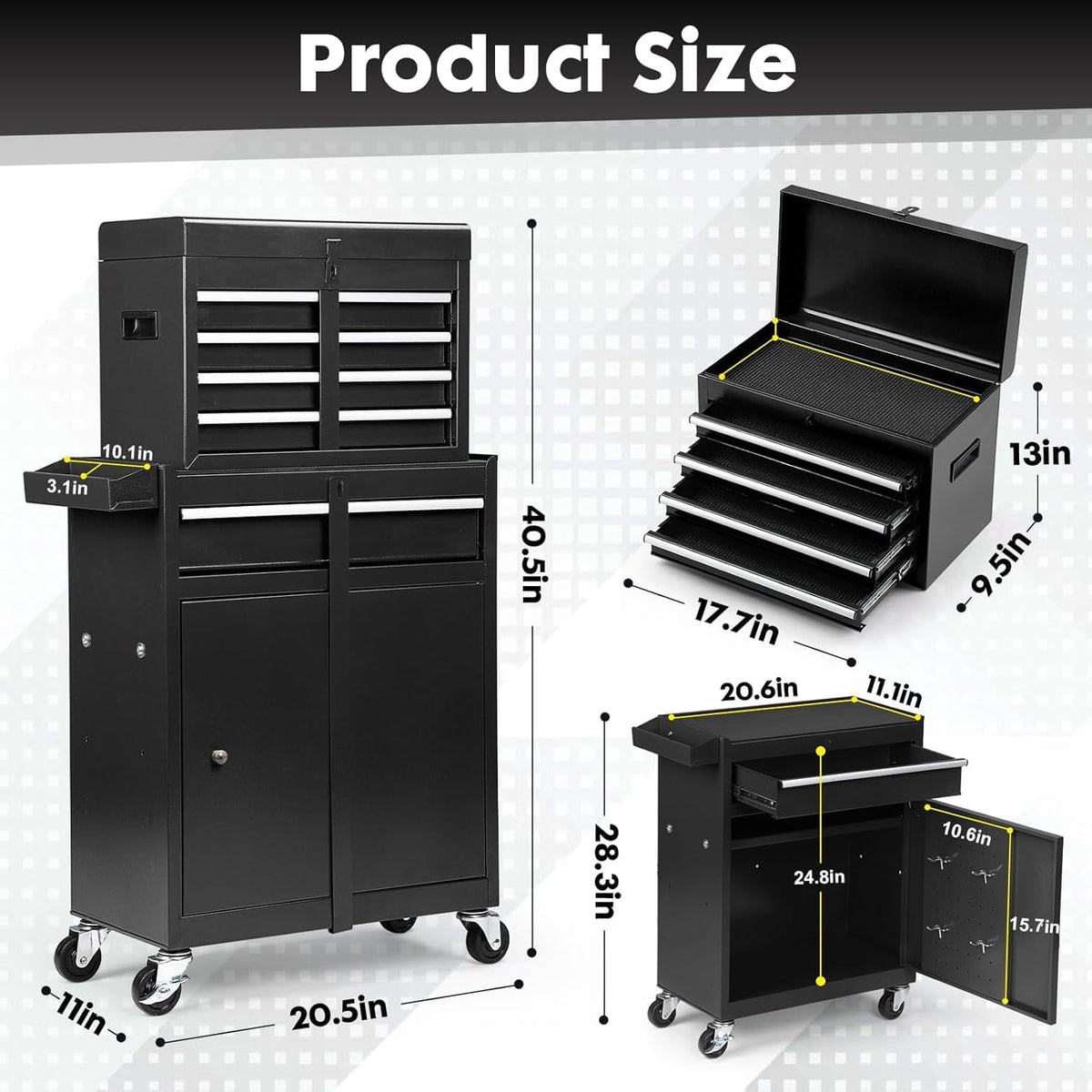 5-Drawer Rolling Tool Box with Lockable Wheels, Tool Chest with Detachable Tool Box, 4 Hooks, and Liner, Heavy-Duty Metal Tool Cart for Garage and Workshop Storage, Black