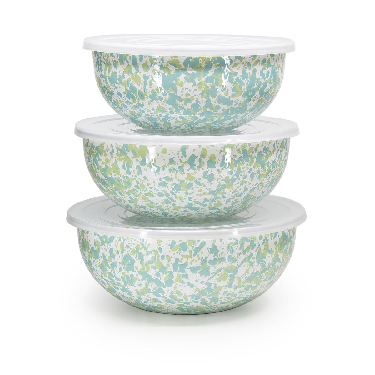Golden Rabbit Enamelware Nested Mixing Bowls with Lids, Set of 3, Sea Glass