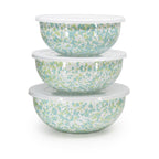 Golden Rabbit Enamelware Nested Mixing Bowls with Lids, Set of 3, Solid White Textured