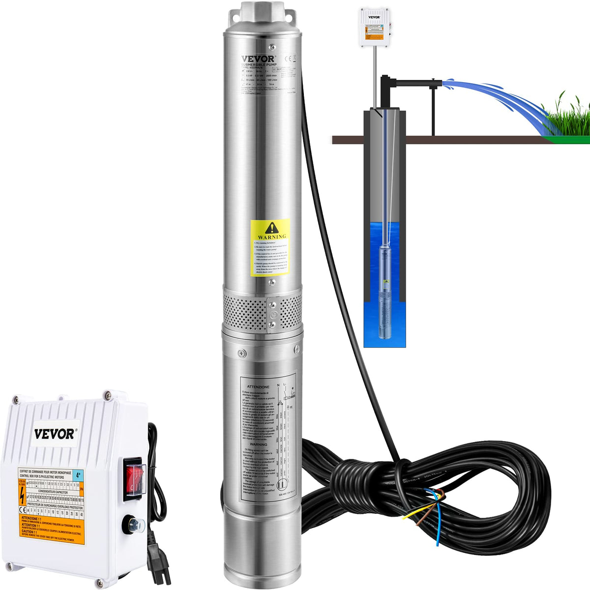 VEVOR Deep Well Submersible Pump, 2HP/1500W 230V/60Hz, 37GPM Flow 427 ft Head, with 33 ft Electric Cord, 4 inch Stainless Steel Water Pumps for Industrial, Irrigation & Home Use, IP68 Waterproof Grade