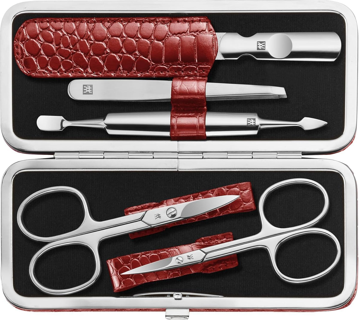 ZWILLING Beauty Classic INOX 5-Piece Manicure Set Pedicure Kit, Stainless Steel Nail Care, Cowhide, Crocodile Edition, Red
