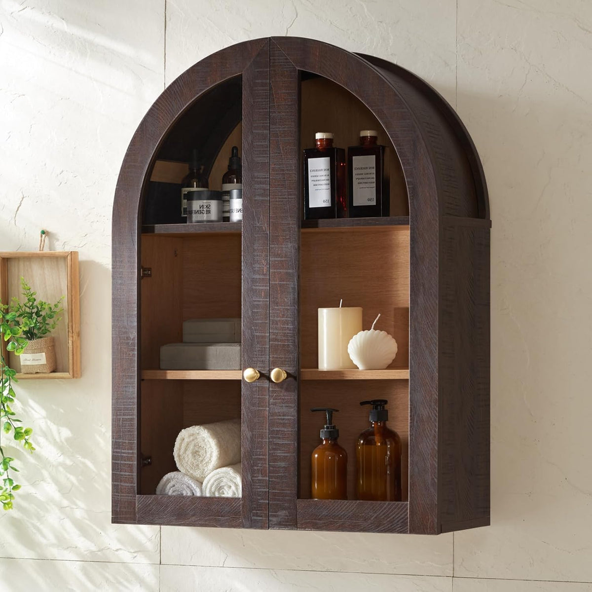 Bathroom Arched Wall Cabinet Over The Toilet Storage Cabinet, 23.5×31.4 Inch bathroom cabinet wall mount with Glass Doors & Adjustable Shelves, Wood Cabinet for Laundry Room, Kitchen, Brown/Natural