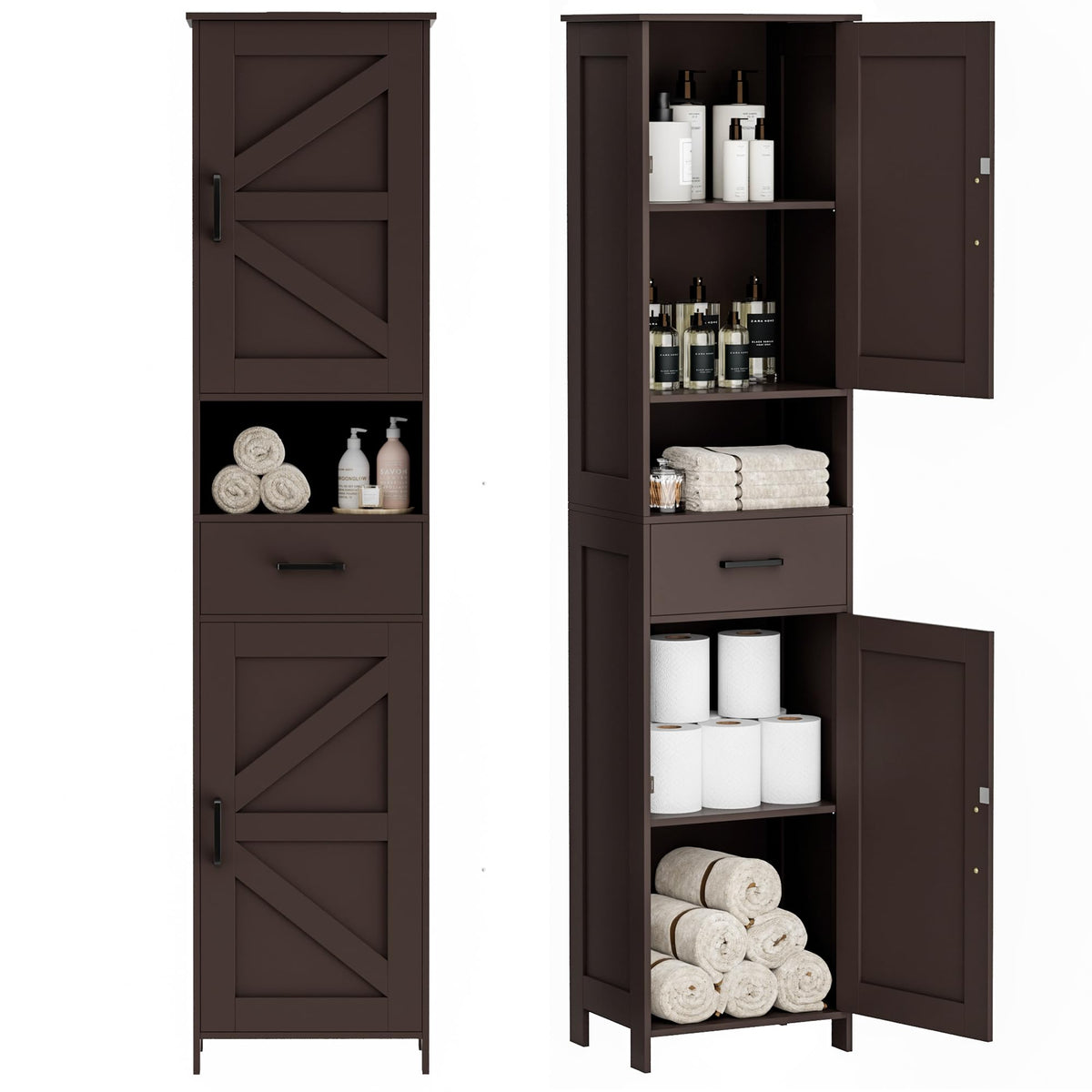 Homhedy 67" H Tall Bathroom Storage Cabinet with Barn Doors and Drawer