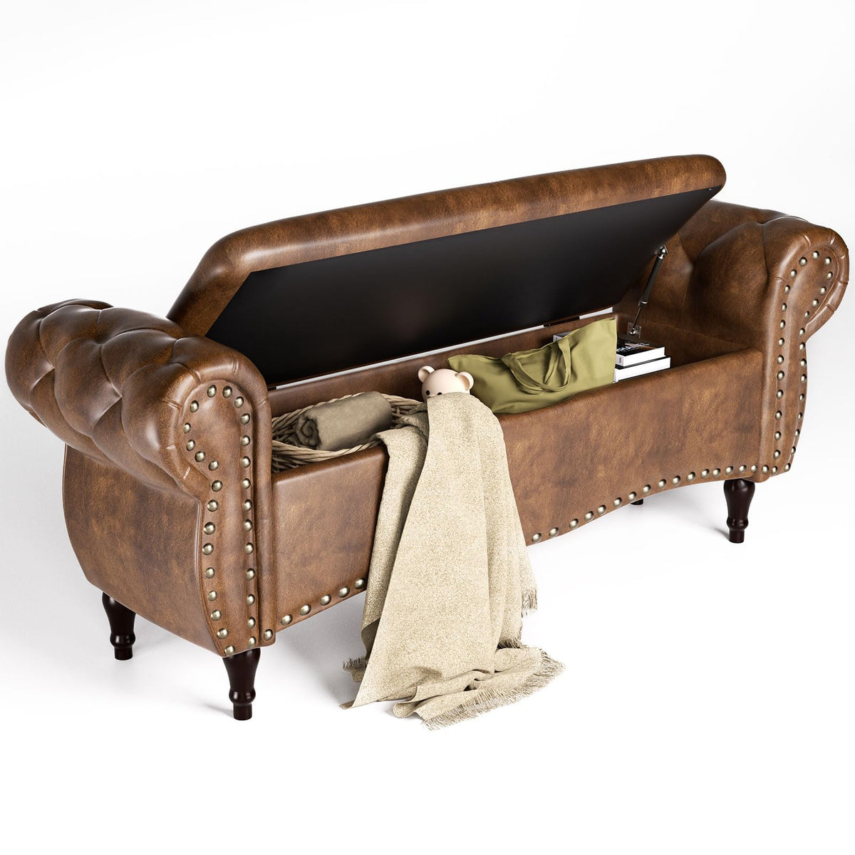 ZZW Storage Ottoman Bench, 51" Length Upholstered End of Bed Storage Bench for Bedroom with Safety Hinge, Tufted Bed Benches with Rolled Arm and Nailhead Trim for Living Room, Entryway Brown