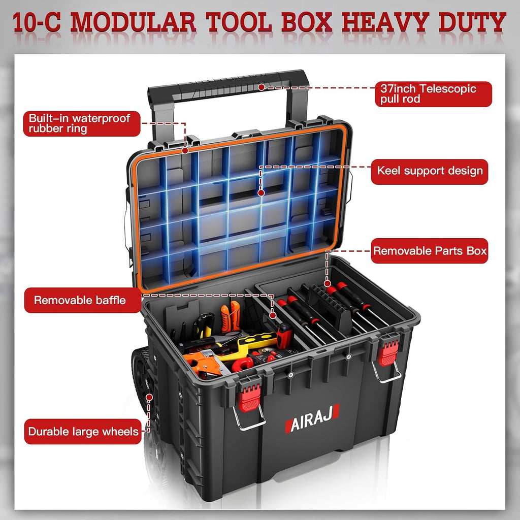 AIRAJ 3 Tier Rolling Tool Box Heavy Duty, Stackable Tool Box with Wheels