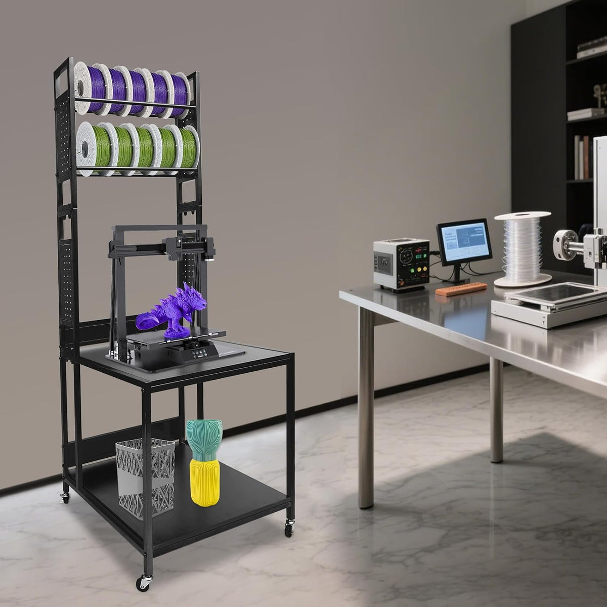 3D Printer Stand with Filament Storage Rack, 2-Tier Heavy Duty Mobile Printer Table with Wheels for Studio Office Storage and Organization