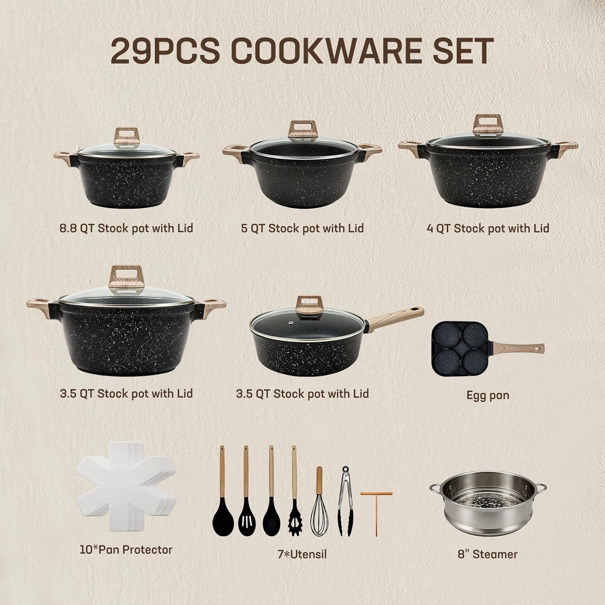29-Piece Nonstick Cookware Set, Sauce Pots and Pans,3.5QT/4QT/5QT/8.8QT STOCK POT,10 PAN protector,7 utensil,All Cooktops Compatible, Includes Steamer,black