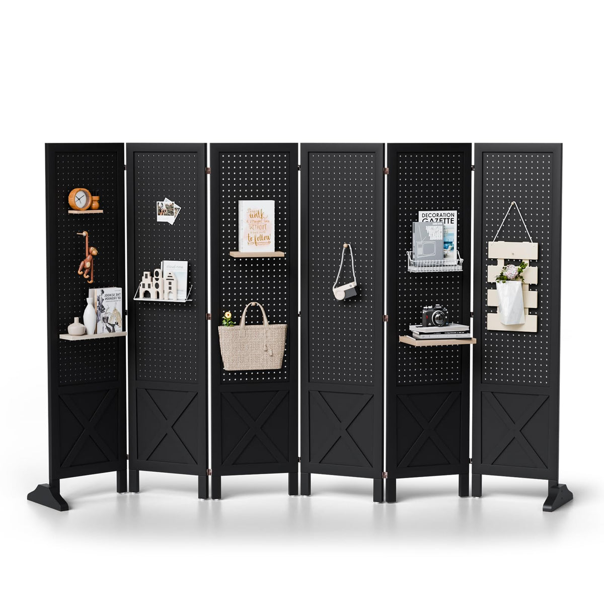 VINGLI Freestanding Pegboard with Support Feet, 5 FT Wood Room Divider Display Board Organizer, Folding Privacy Screen Partition Space Separator for Craft Shows Events Retail (Natural, 4 Panel)