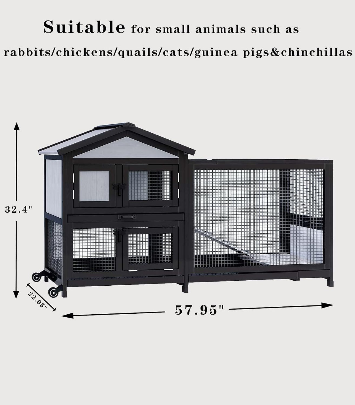 Rabbit Hutch 58" Rabbit Cage Outdoor&Indoor 2-Story Chicken Coop Guinea Pig Cage on Wheels Bunny Cage with 3 Deep No Leakage Pull Out Tray,Waterproof Roof (Black)