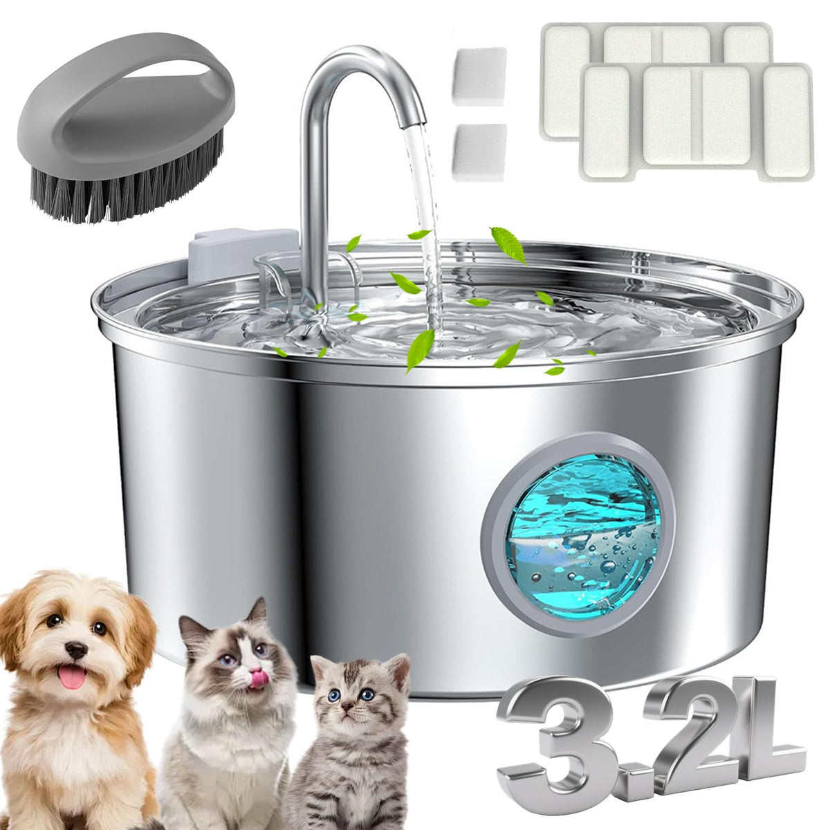 Water Fountain for Cats, 3.2L/7L Cat Fountain, Super Quiet Stainless Steel Fountain Water Bowl for Small Cats Dogs & Medium and Large Animals (Silver, 7L-with 10 Filter Element)