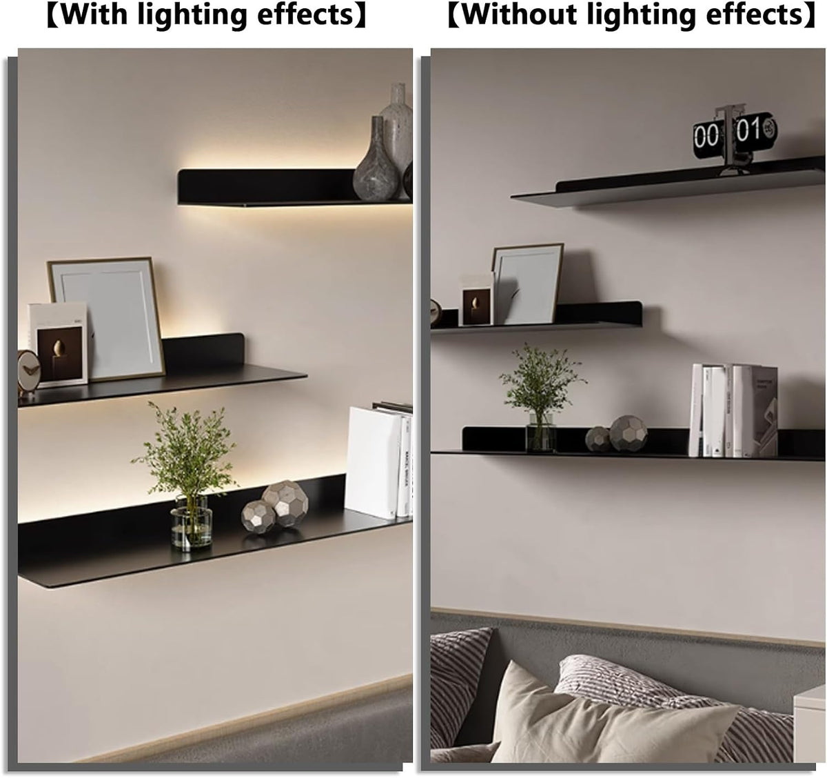 LED Floating Shelves Set of 2, Metal Wall Mounted Display Shelves with Built-in Lights, Modern Gold Floating Shelves for Living Room, Bedroom, Kitchen, Bathroom(White,100cm/39.3in)