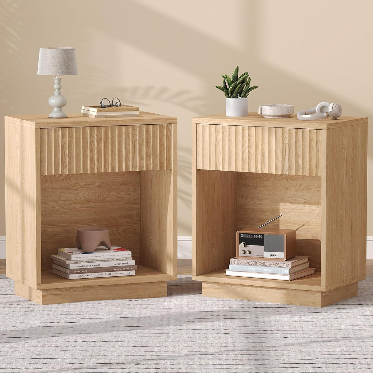 Fluted Nightstands Set of 2, Mid Century Bedside End Side Table