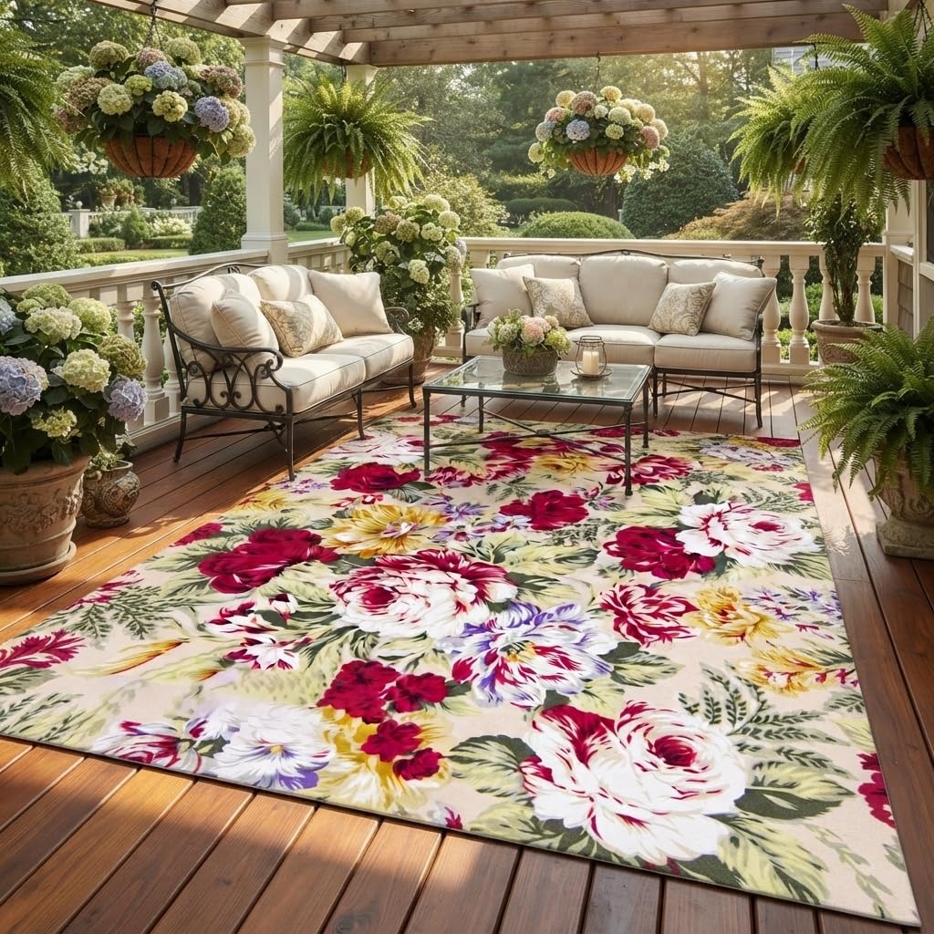 White Pink Beige Gentle Elegant Outdoor Floral Rugs 9x12 Contemporary Aesthetic Texture Thin Non Slip Durable Indoor Outside Carpets for Garden Backyard Balcony Patio Deck Veranda Deck Mats