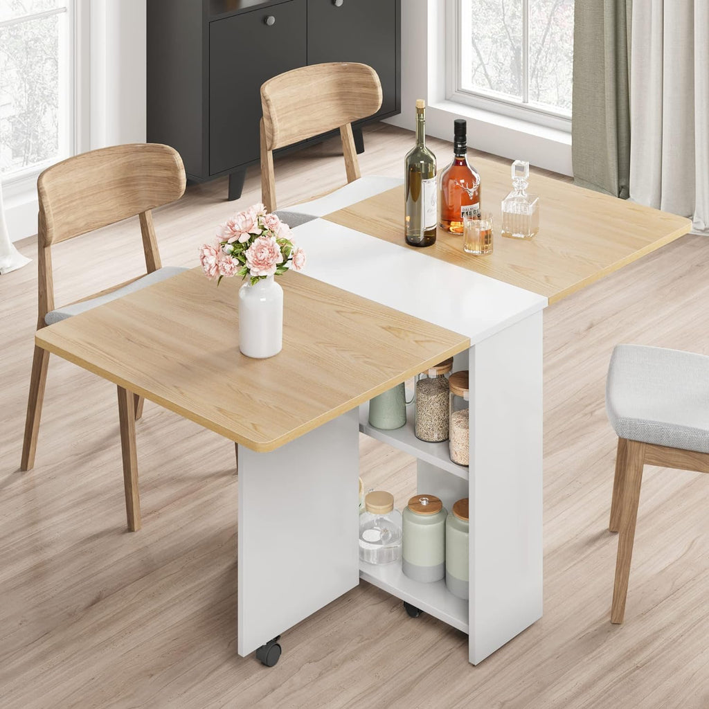 IDEALHOUSE FoldingTable, Drop Leaf Dining Table with 6 Wheels and 2-Layer Storage Shelf, Space Saving Table for Small Spaces (Slate Oak, 47.2" D x 23.6" W x 29.5" H)