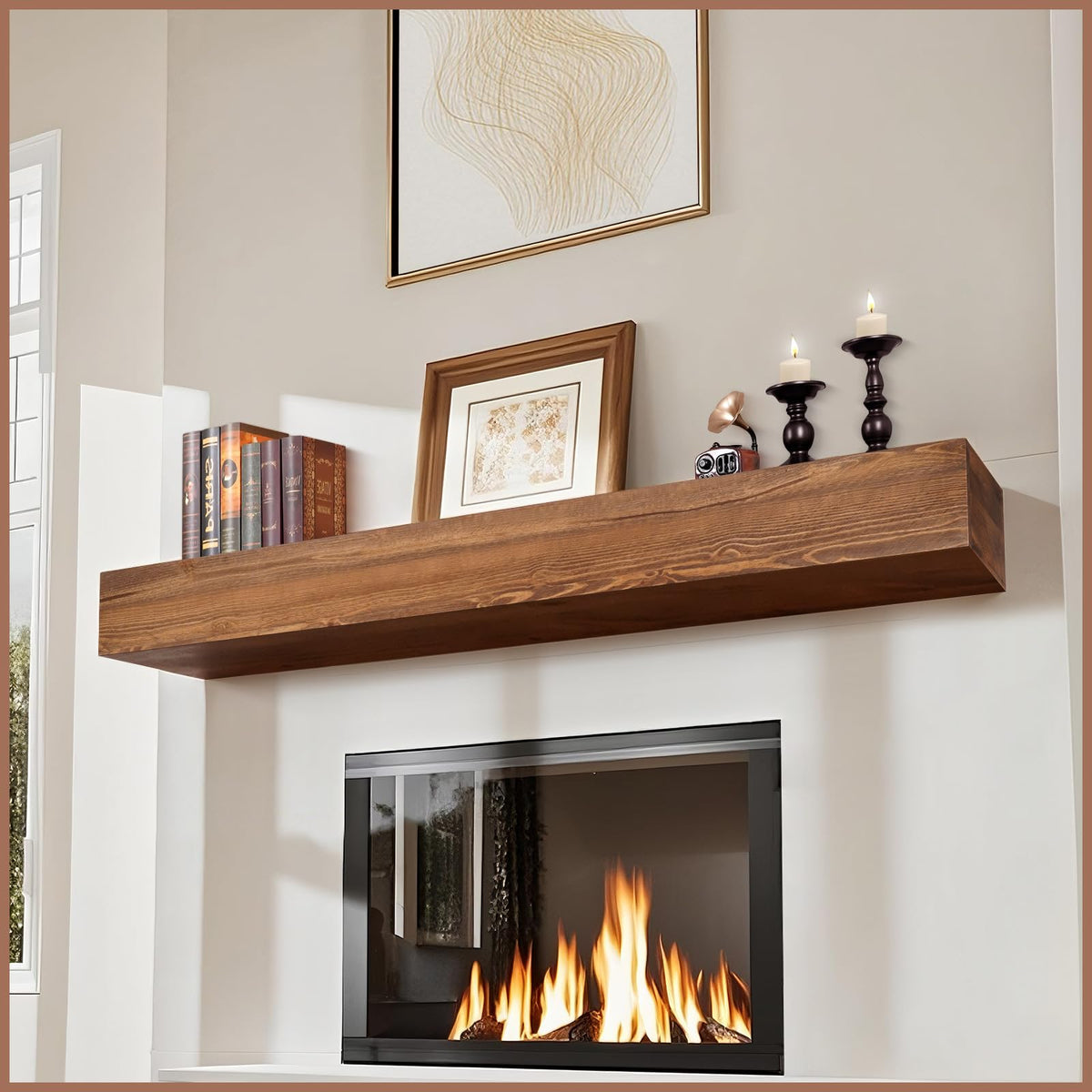 G GOOD GAIN 60'' Fireplace Mantel, 5'' Pine Wood Floating Shelf, DarkWalnut