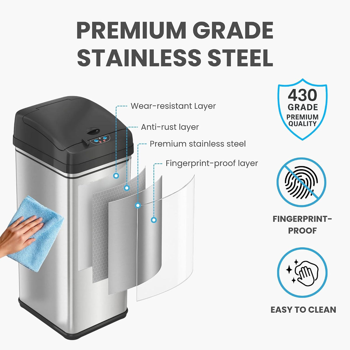 iTouchless 50L / 13 Gal. Dog-Proof Sensor Kitchen Trash Can | Odor Filter