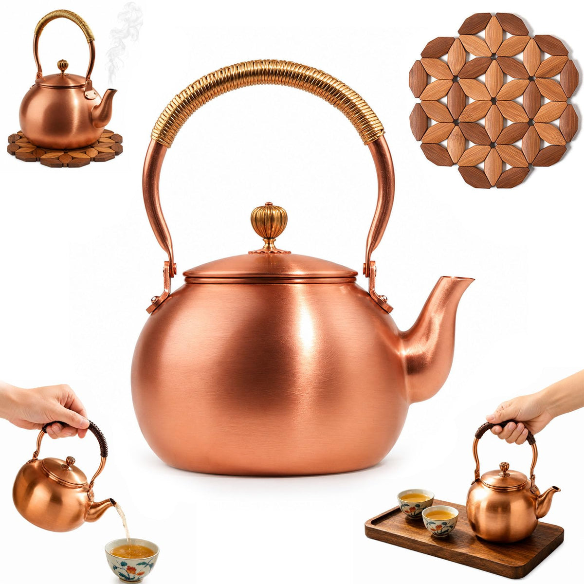 Handmade Copper Stovetop Teapot Kettle, Solid Copper Tea Kettle with Vintage Hammer Design, Thickened Household Boiling Teapot for Induction, Electric, Easy to Clean (B*1500ML)
