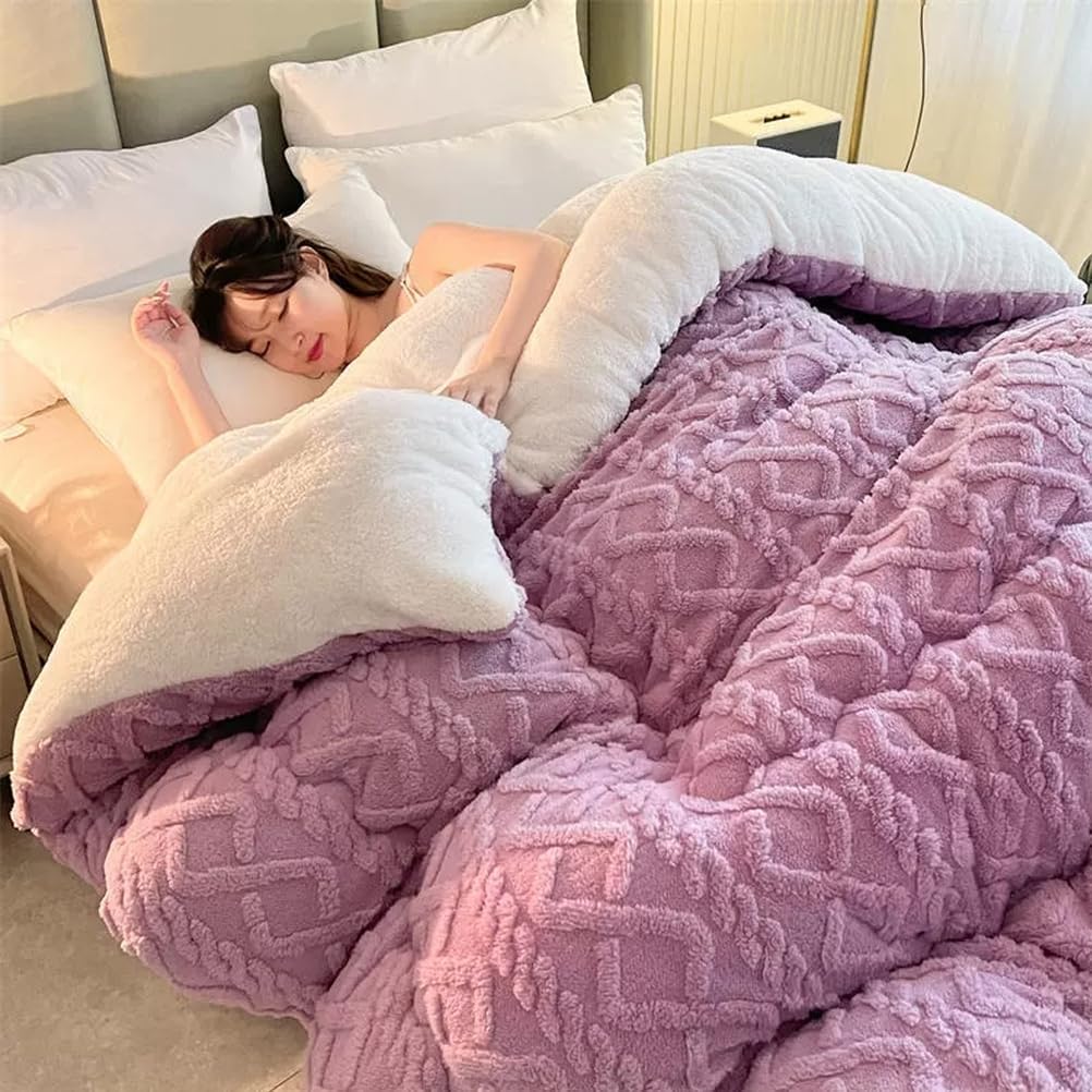 Breathable Warmth Fluffy Plush Double Sided Velvet Blanket,Thickened Super Soft Insulation Hibiscus Winter Quilt, Hibiscus Double Fabrics, for Cold Weather,Purple,180x220cm/4.5kg