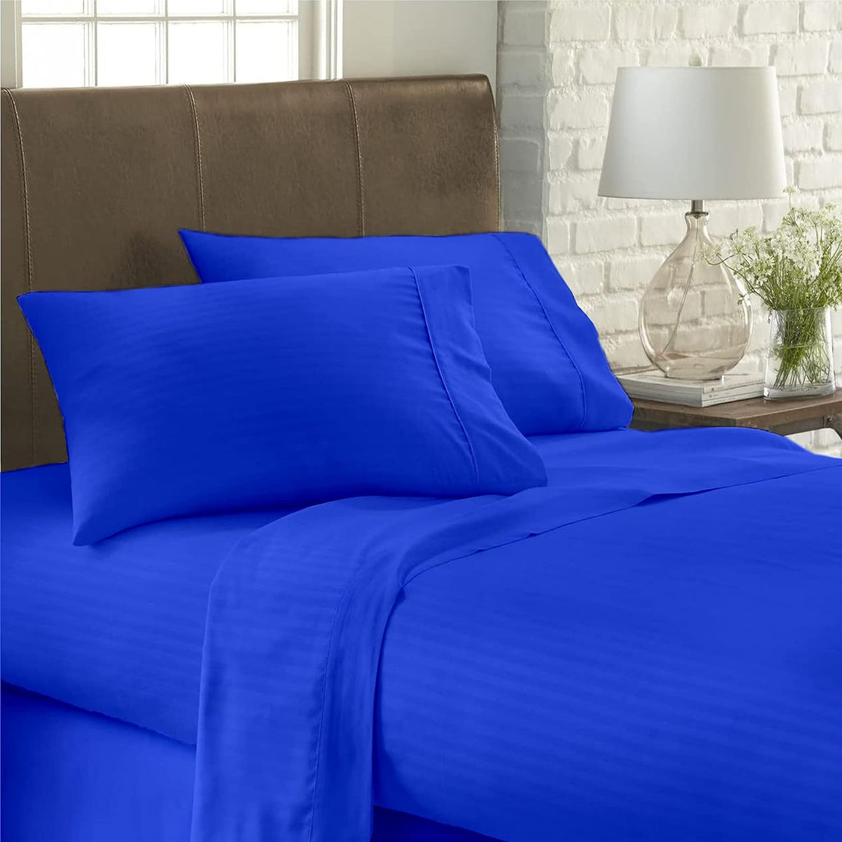 USA Twin XL Sheet Set in Royal Blue Stripe 400 Thread-Count 100% Egyptian Long Staple Cotton, Sateen Weave for Soft and Silky Feel, Breathable 4-Piece Bedsheet, Elasticized 24'' Extra Deep Pocket