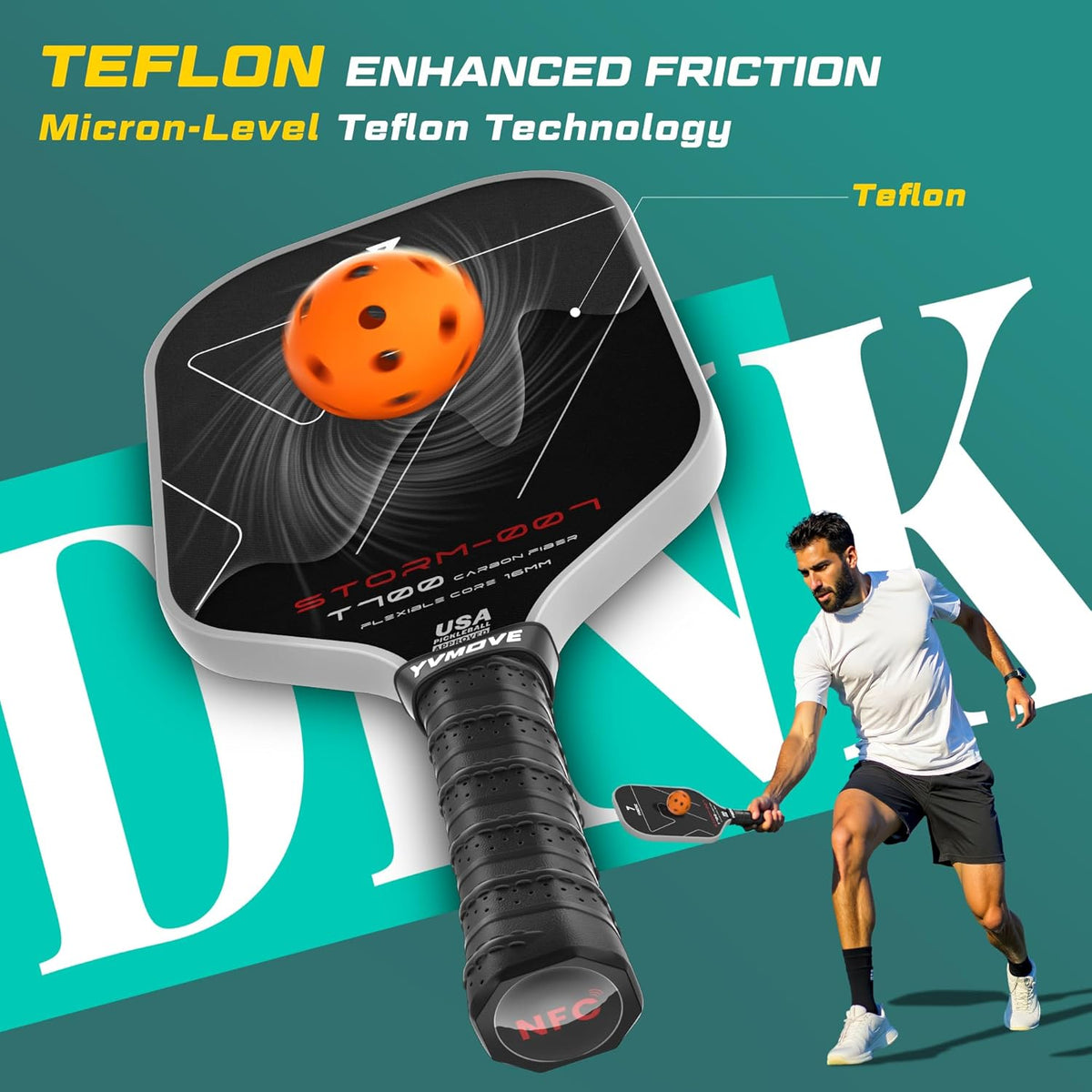 YVmove 16mm T700 Carbon Fiber Pickleball Paddle, USAPA Approved