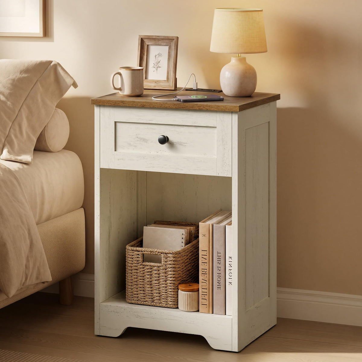 VASAGLE White Nightstand with Charging Station, 1 Drawer, Set of 2