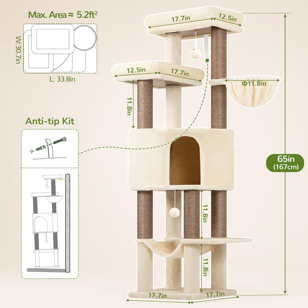 Globlazer F65D Corner Cat Tree Tower with Scratching Posts, Beige