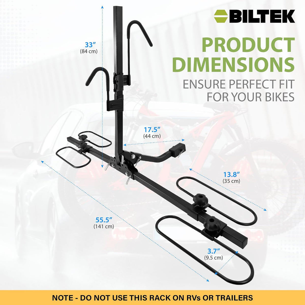Biltek Hitch Bike Rack, 90 lbs (40 kg) Capacity, Car Bike Rack for 2 Bikes, Tiltable & Foldable, Fits 1.25" & 2" Hitch, Includes 6 Extra Straps, 2 Bike Rack for SUV, Cars, Truck, Minivan & Sedan