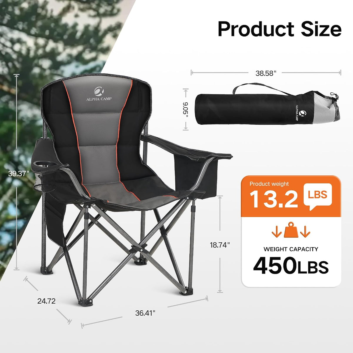 ALPHA CAMP Oversized Folding Camping Chair, Heavy Duty Portable Lawn Chairs with Cooler Bag, Side Pocket & Cup Holder, Folding Chairs for Outside Support 450 LBS