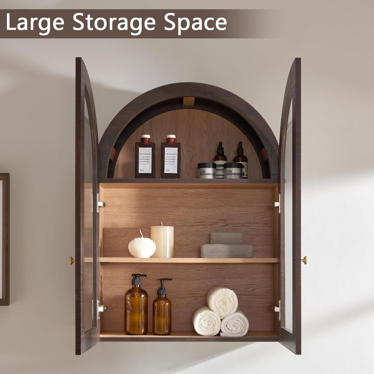Bathroom Arched Wall Cabinet Over The Toilet Storage Cabinet, 23.5×31.4 Inch bathroom cabinet wall mount with Glass Doors & Adjustable Shelves, Wood Cabinet for Laundry Room, Kitchen, Brown/Natural