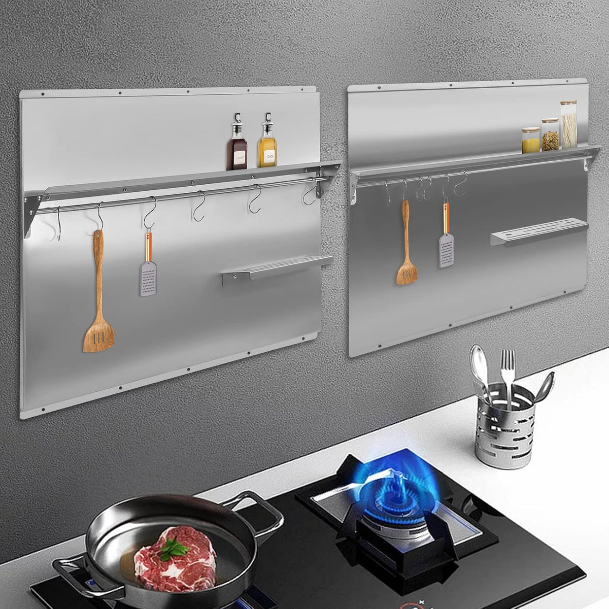 Range Backsplash with Shelf Range Hood Wall Shield, Stainless Steel Backsplash Silver Splash Plate, Backsplash with Built-in Storage Shelf and Hanging Rack For Home Use (Silver-30 x 30.7 Inch)