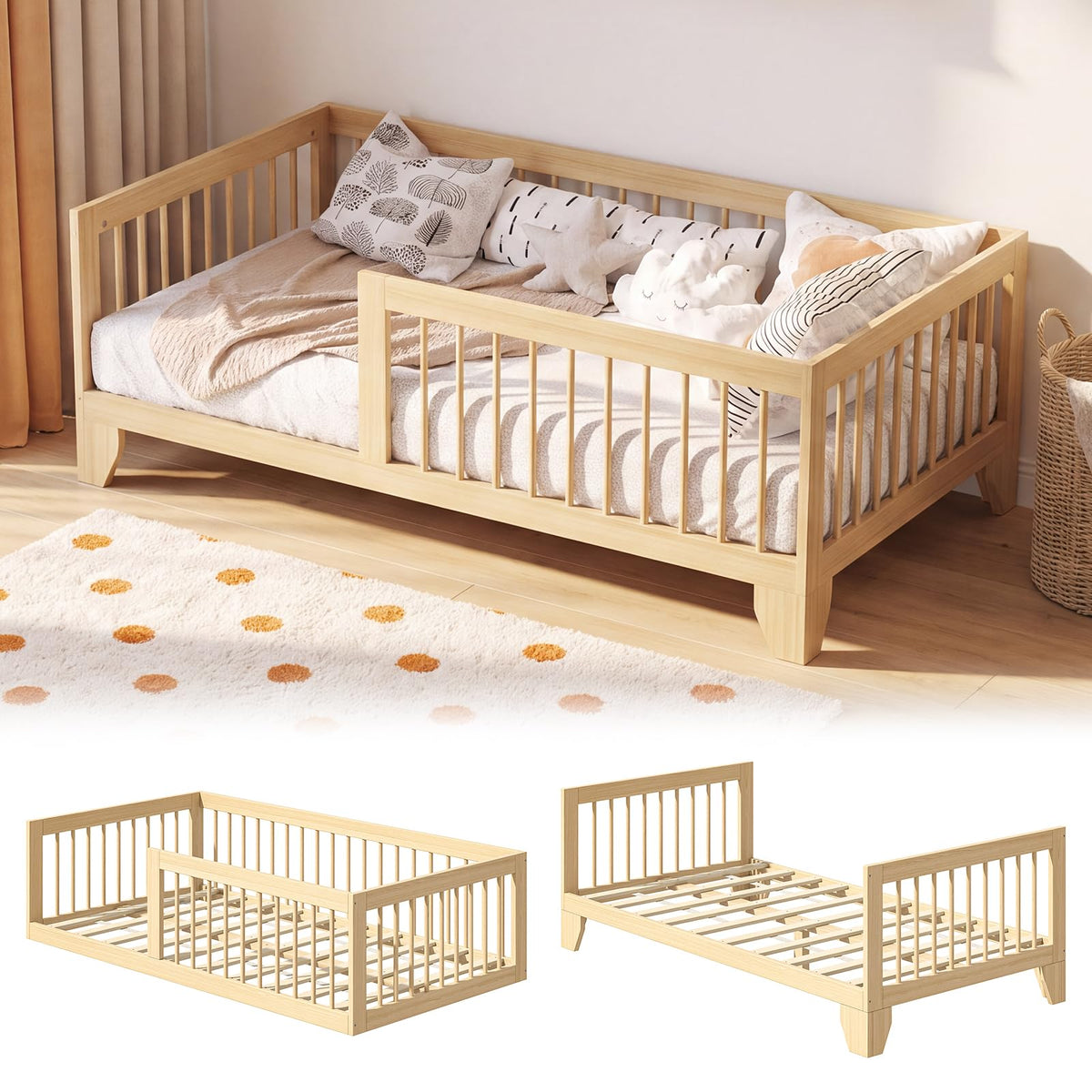 EXPERLAM Full Montessori Floor Bed for Kids, Removable Rails, White