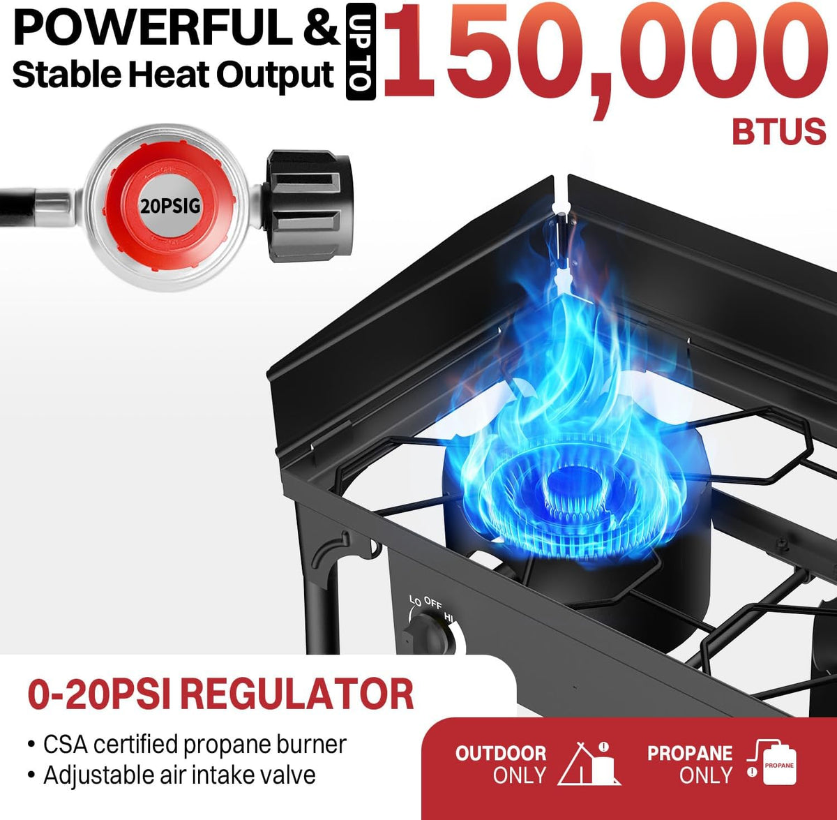 2 Burner Propane Camp Stove | 150,000 BTU | High Pressure Gas Burners