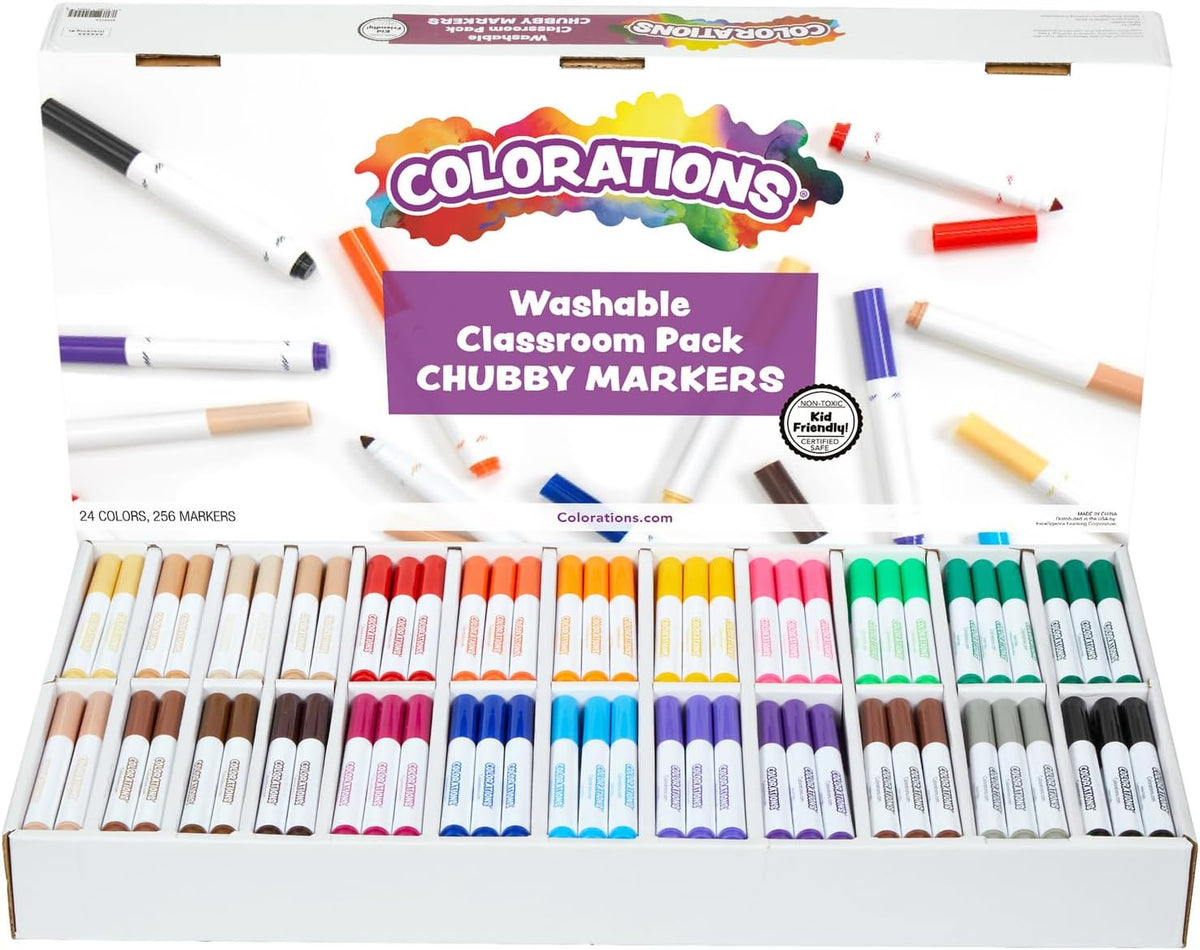 Colorations Washable Chubby Markers Classroom Value Pack, 24 Colors, Non Toxic| Bulk School Supplies For Kids, Coloring Set, Kindergarten Must Haves, Preschool Essentials, Multicolor, Set of 256