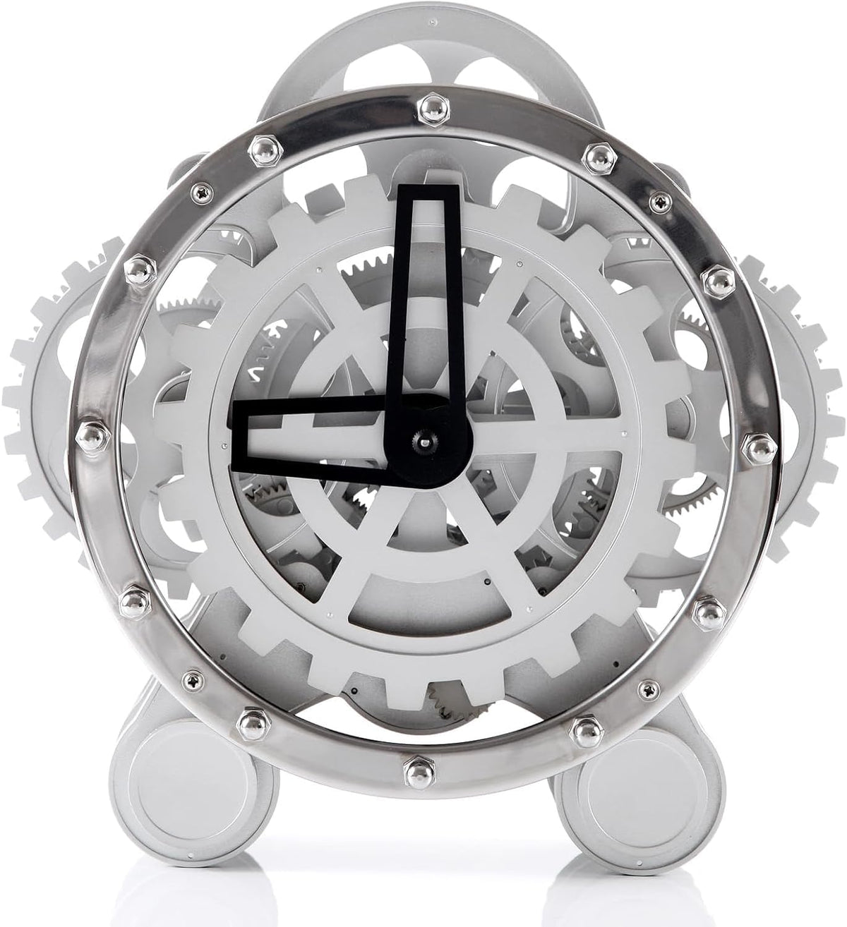 Modern Industrial Gear Desk Clock, 10.6-Inch Silver Metal, Decorative Mechanical Design with Moving Gears, for Living Room and Office Decor (Silver Gear Rotating Clock)