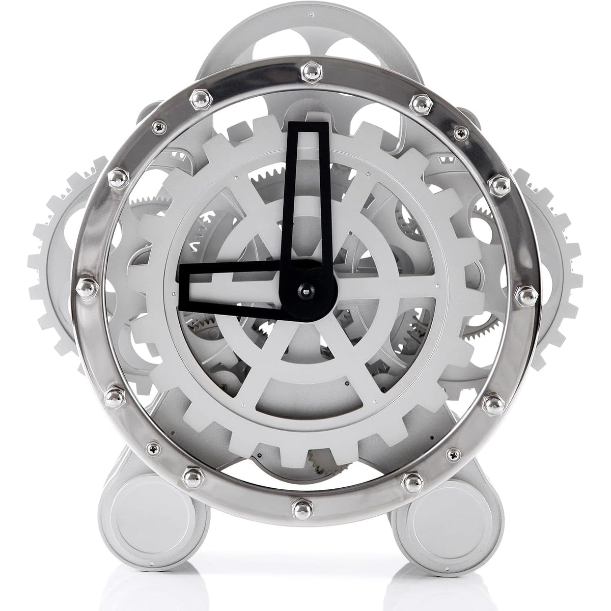 Modern Industrial Gear Desk Clock, 10.6-Inch Silver Metal, Decorative Mechanical Design with Moving Gears, for Living Room and Office Decor (Silver Gear Rotating Clock)