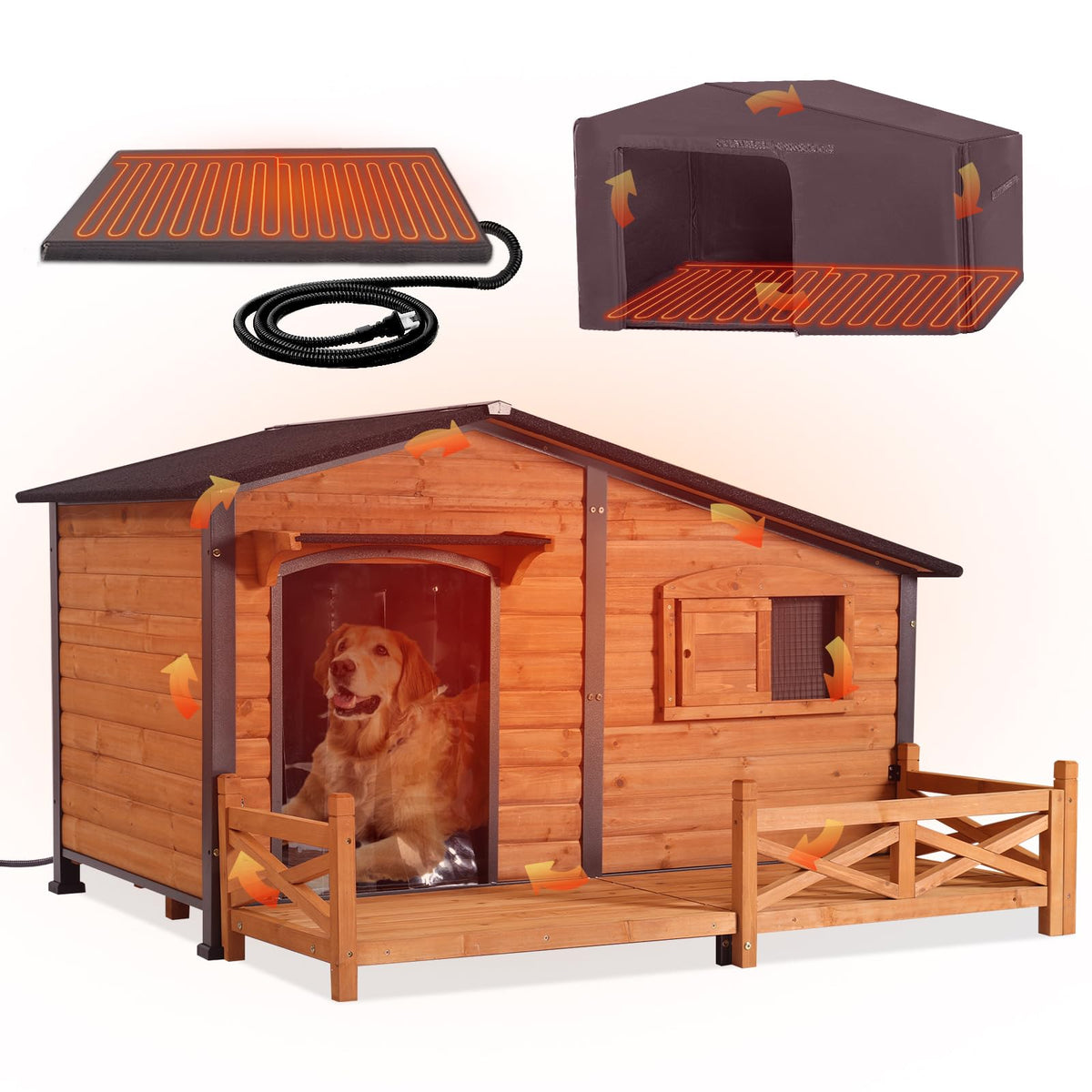 GUTINNEEN Heated Dog House Outdoor Insulated Dog House Weatherproof Dog Kennel with Thermostat-Controlled Heating Pad, 6-Sided Thermal Liner, Chew-Proof Metal Frame for Dogs