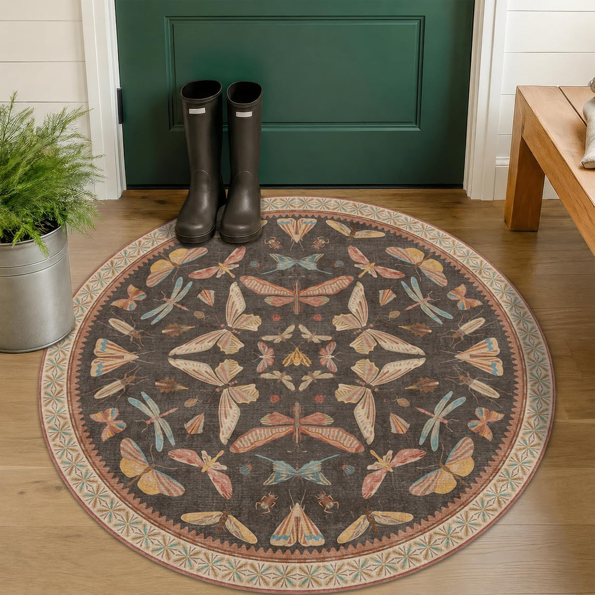 Hazo Haus Dark Green Insect Area Rugs 8x10 for Living Room, Dining Room Under Table, Bedroom, Unique Washable Floral Non Slip Low Pile Soft Rug