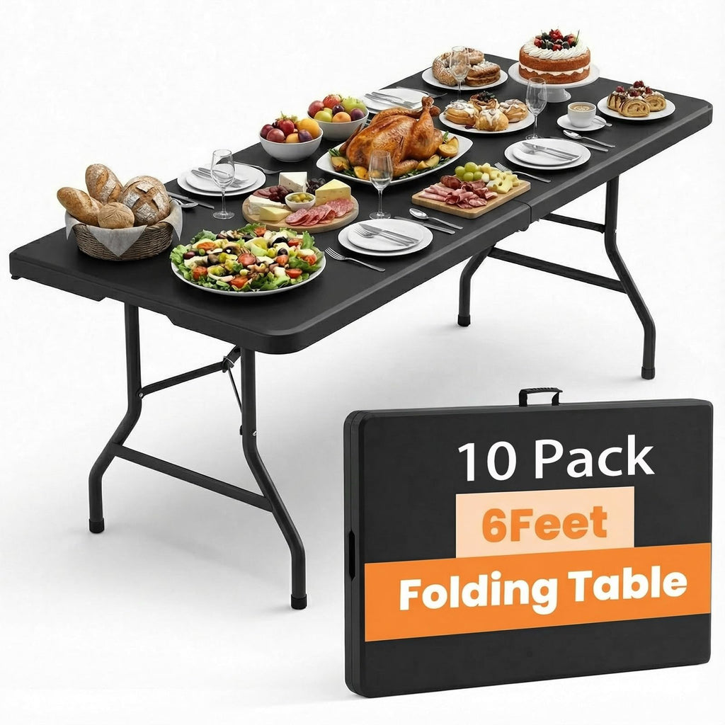 2 Pack Folding Tables 6FT Plastic Utility Foldable Tables, Black