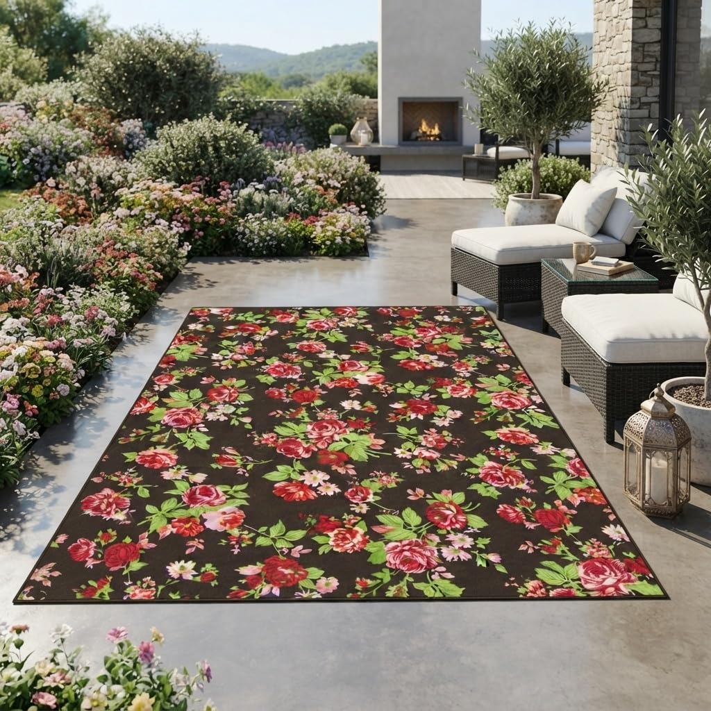 Beautiful Elegant Multicolor Outdoor Rug 7x10 Natural Floral Butterfly Texture Waterproof Thin No Shedding Easy Care Outside Rugs for Patios Deck Pool Garden Balcony Backyard Beach Floor Mat