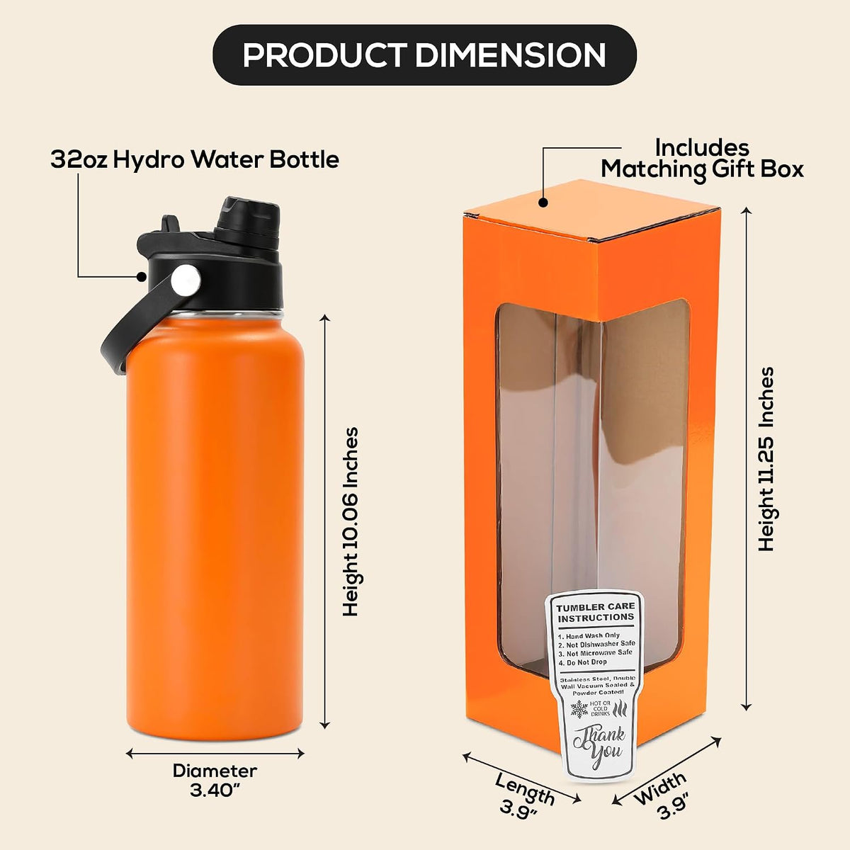 makerflo 32oz Powder Coated Hydro Water Bottle Blanks, Orange, Case of 25