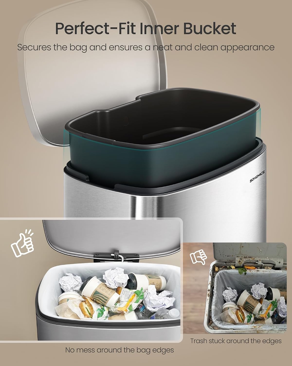 SONGMICS 20 Gallon (75 L) Trash Can, Stainless Steel, Step-On Pedal