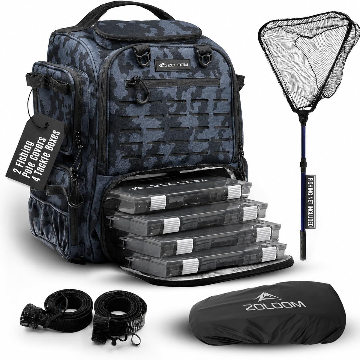 Waterproof Fishing Backpack with Tackle Boxes, Rod Holder & Foldable Net - 40L Fishing Tackle Bag with Trays Included, Extra Storage Gear and Equipment, Rain Cover, Fisherman Gift for Men