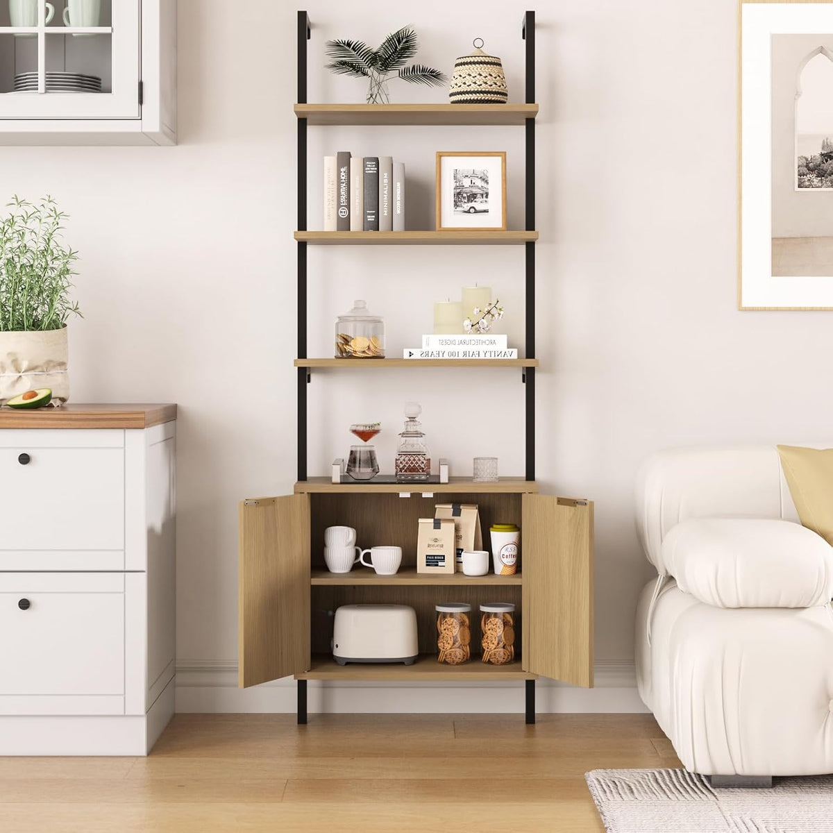 Set of 2 Ladder Shelf with Storage Cabinet,71”Wall Mounted Ladder Bookshelf